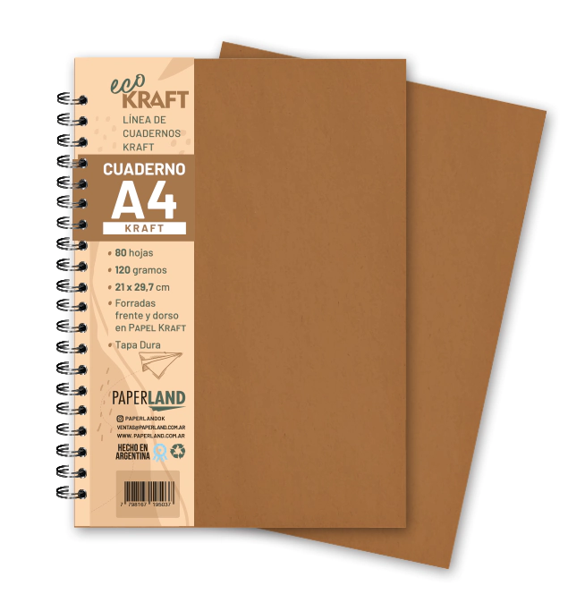 Cuaderno Eco Kraft A4 / 80 hs kraft de 120 gr. x 12 un.