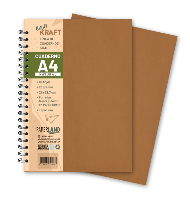 Cuaderno Eco Kraft A4 / 96 hs natural . de 75 gr. x 12 un.