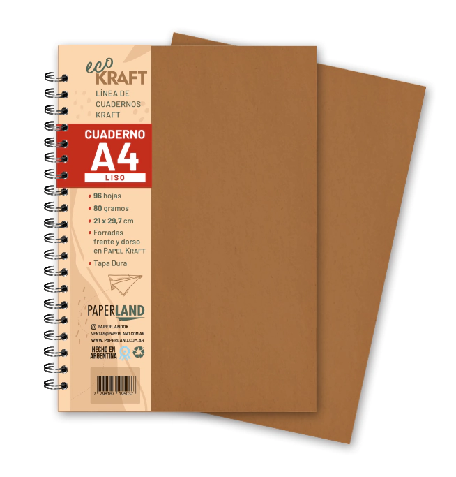 Cuaderno Eco Kraft A4 / 96 hs lisas bl. de 80 gr. x 12 un.