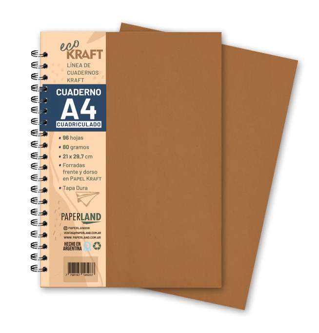 Cuaderno Eco Kraft A4 / 96 hs cuadriculadas de 80 gr. x 12 un..