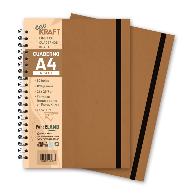 Cuaderno Eco Kraft A4 / c/elast. / 80 hs kraft de 120 gr. x 12 un.