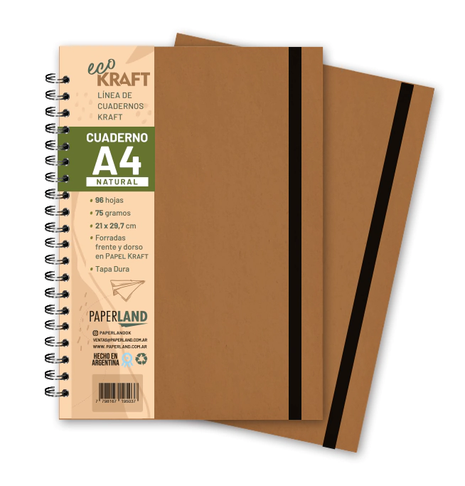 Cuaderno Eco Kraft A4 / c/elast. / 96 hs natural . de 75 gr. x 12 un.