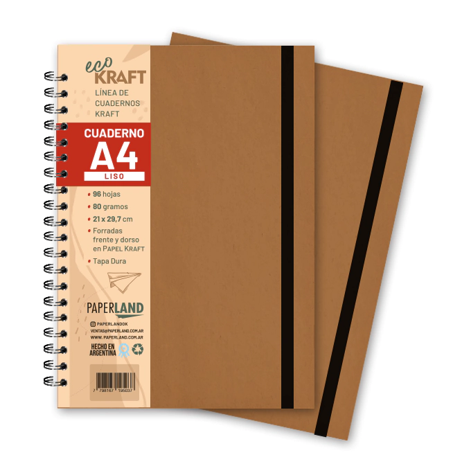 Cuaderno Eco Kraft A4 / c/elast. / 96 hs lisas bl. de 80 gr. x 12 un.