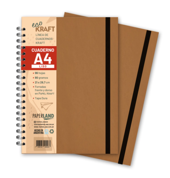 Cuaderno Eco Kraft A4 / c/elast. / 96 hs lisas bl. de 80 gr. x 12 un.