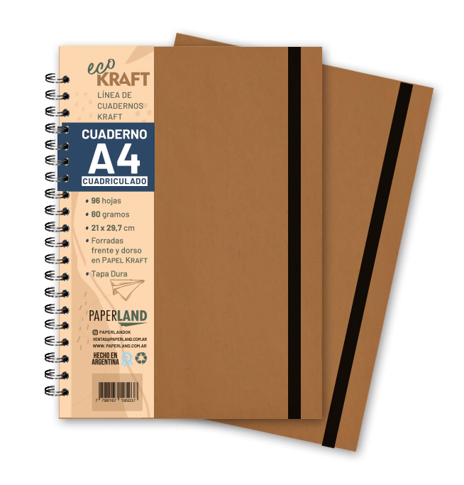 Cuaderno Eco Kraft A4 / c/elast. / 96 hs cuadriculadas de 80 gr. x 12 un..
