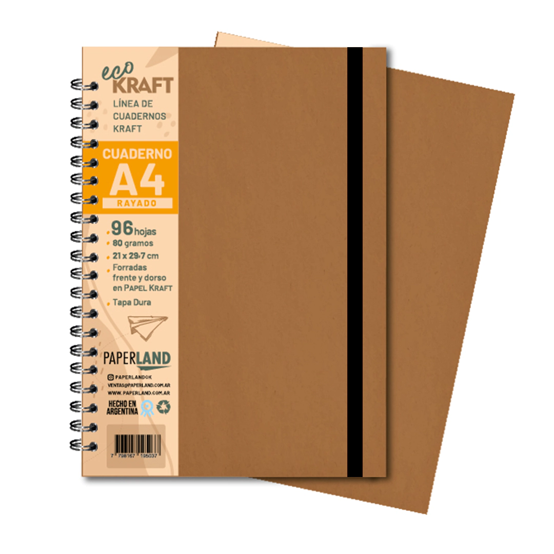 Cuaderno Eco Kraft A4 / c/elast. / 96 hs rayadas de 80 gr. x 12 un.