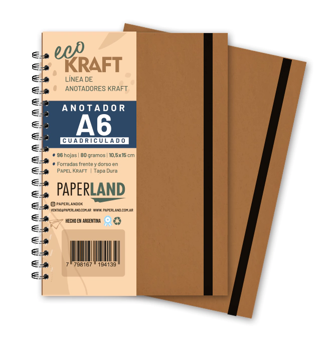 Anotador Eco Kraft A6 / c/elast. / 96 hs cuadriculadas de 80 gr. x 12 un..