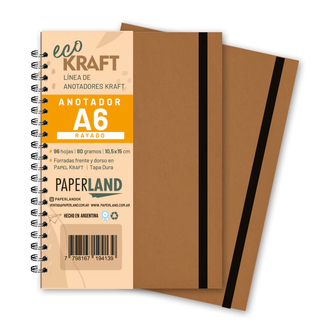 Anotador Eco Kraft A6 / c/elast. / 96 hs rayadas de 80 gr. x 12 un.