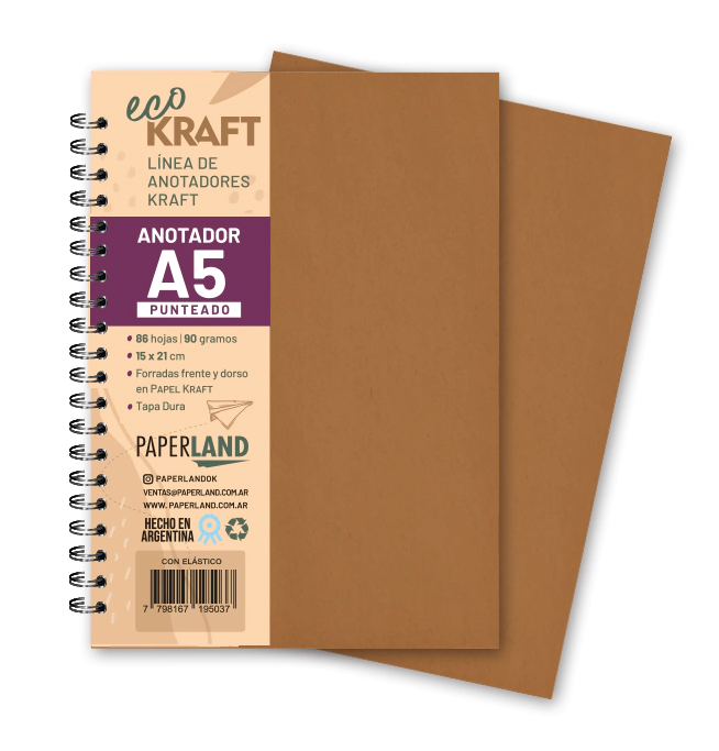 Anotador Eco Kraft A5 / 86 hs punteadas. de 90 gr. x 12 un.