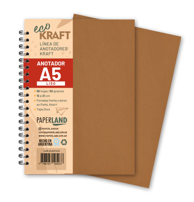 Anotador Eco Kraft A5 / 96 hs lisas bl. de 80 gr. x 12 un.