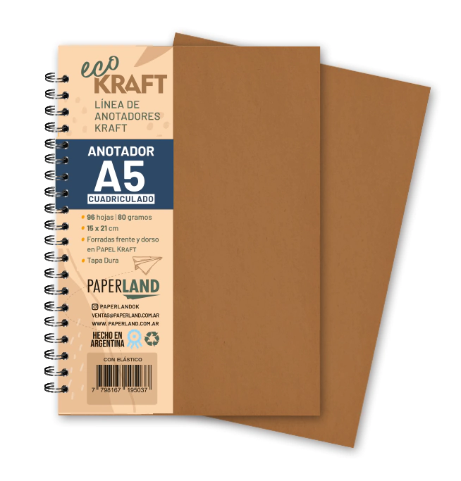 Anotador Eco Kraft A5 / 96 hs cuadriculadas de 80 gr. x 12 un..