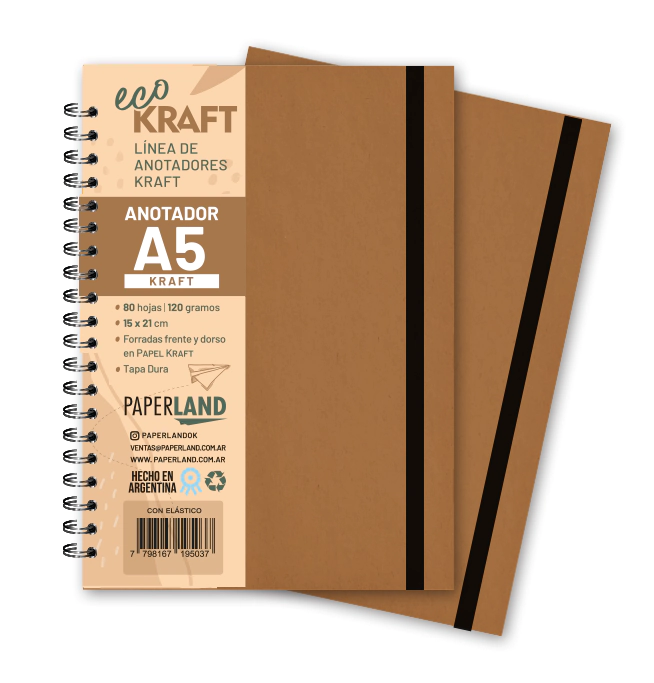 Anotador Eco Kraft A5 / c/elast. / 80 hs kraft de 120 gr. x 12 un.
