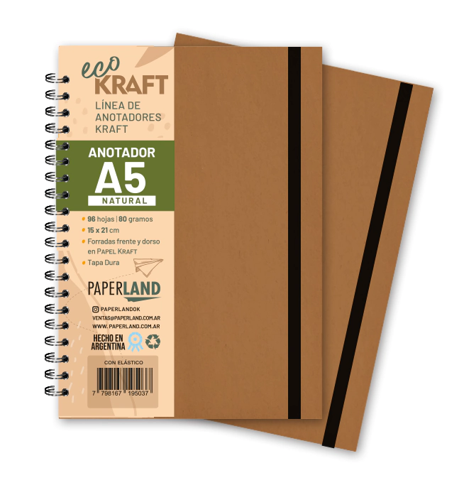 Anotador Eco Kraft A5 / c/elast. / 96 hs natural . de 75 gr. x 12 un.