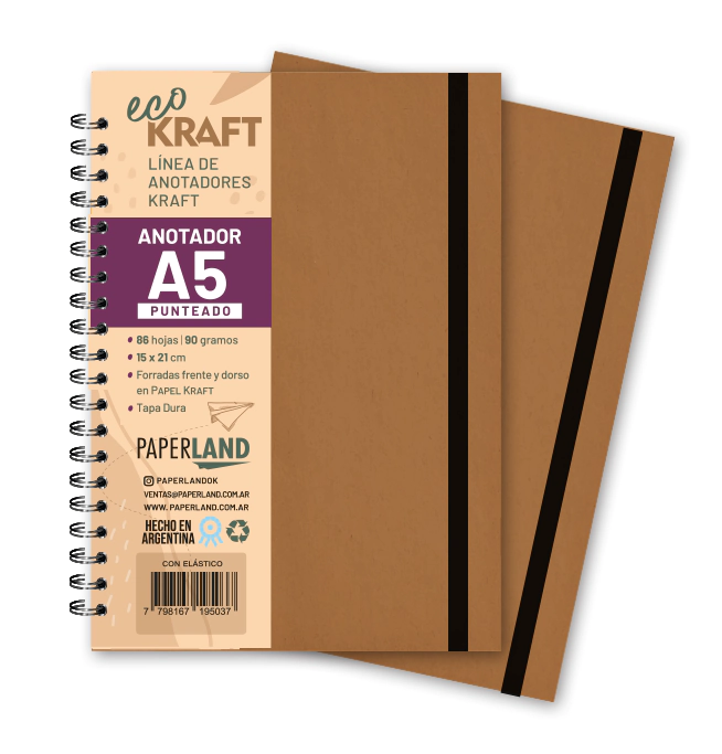 Anotador Eco Kraft A5 / c/elast. / 86 hs punteadas. de 90 gr. x 12 un.