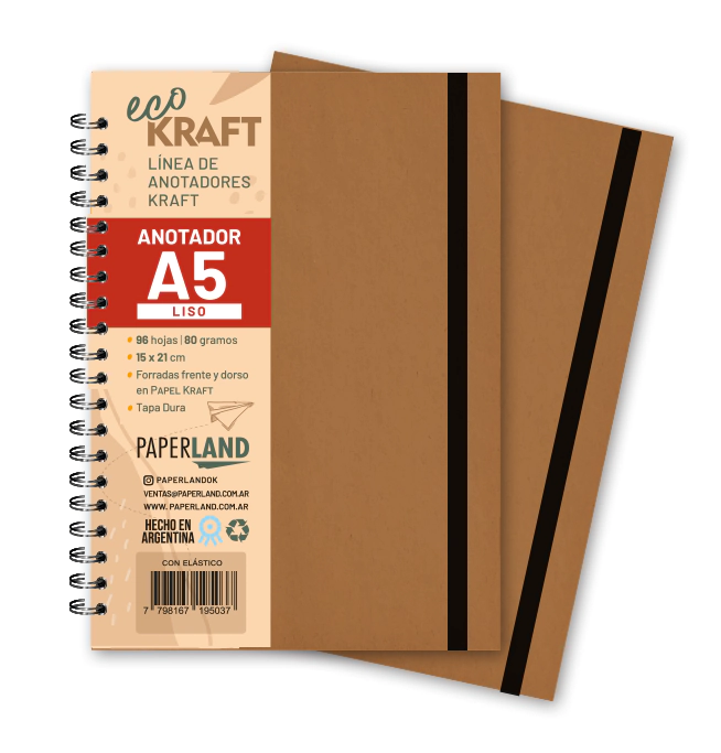 Anotador Eco Kraft A5 / c/elast. / 96 hs lisas bl. de 80 gr. x 12 un.