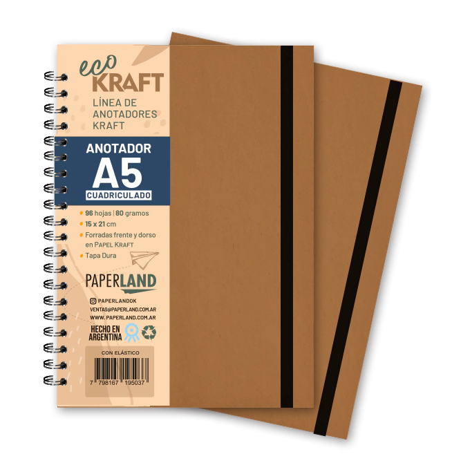 Anotador Eco Kraft A5 / c/elast. / 96 hs cuadriculadas de 80 gr. x 12 un..