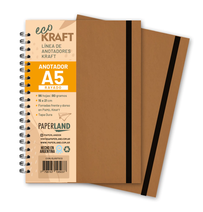 Anotador Eco Kraft A5 / c/elast. / 96 hs rayadas de 80 gr. x 12 un.