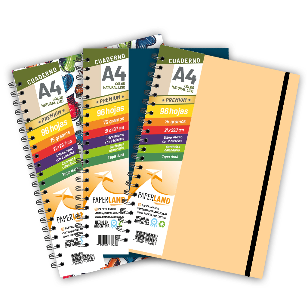 Cuaderno A4 C/el�stico / 96 hs nat de 75 gr. / x 12u. - Tapas surtidas