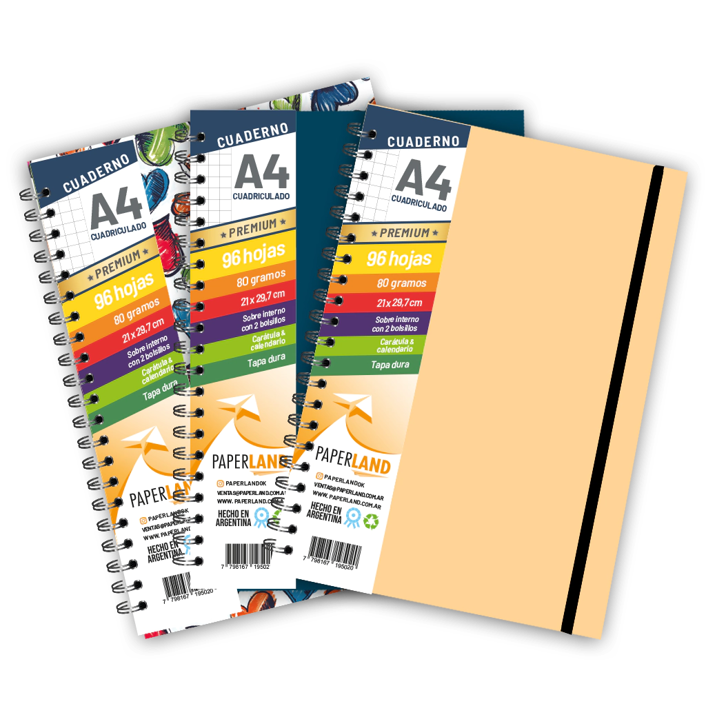 Cuaderno A4 C/el�stico / 96 hs cuadriculadas de 80 gr. / x 12u. - Tapas surtidas