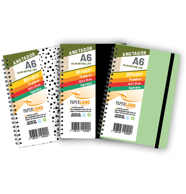Anotador A6 C/el�stico / 96 hs nat de 75 gr. / x 12u. - Tapas surtidas
