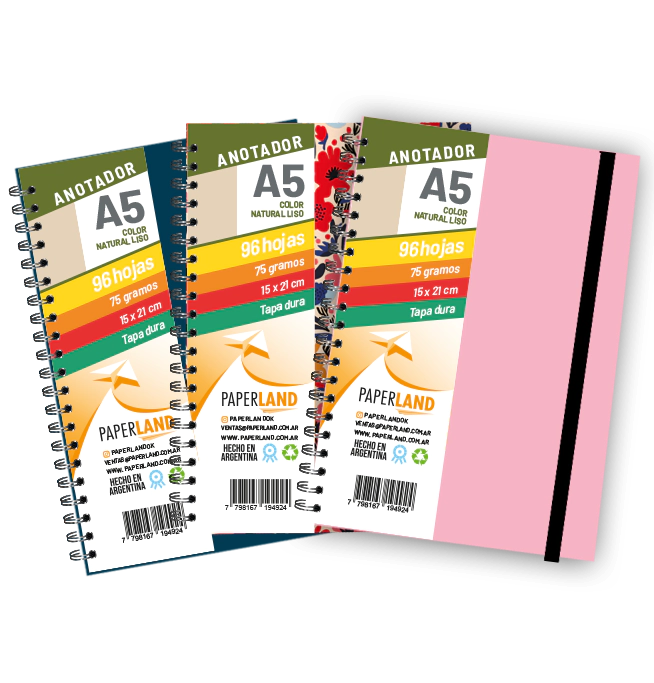 Anotador A5 C/el�stico / 96 hs nat de 75 gr. / x 12u. - Tapas surtidas