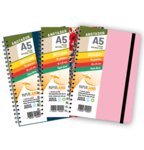Anotador A5 C/el&aacute;stico / 96 hs nat de 75 gr. / x 12u. - Tapas surtidas