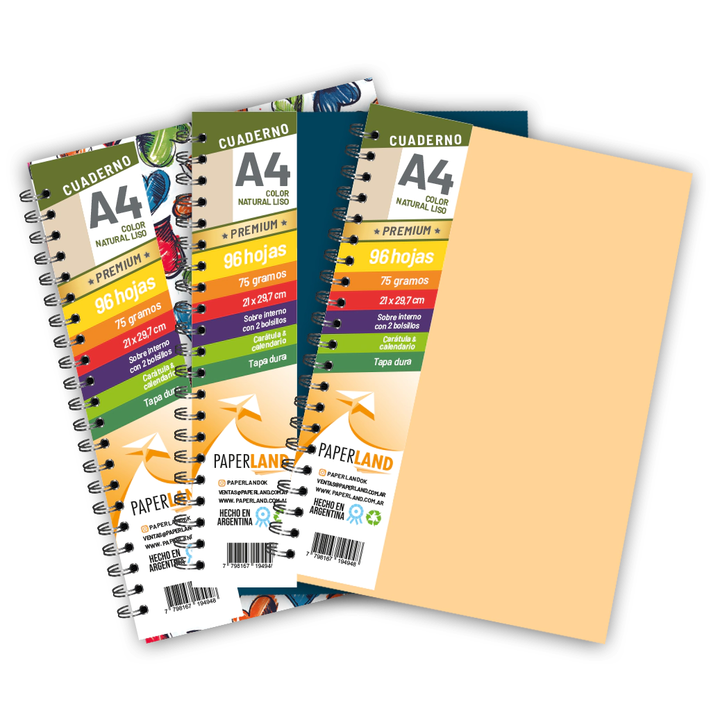 Cuaderno A4  / 96 hs nat de 75 gr. / x 12u. - Tapas surtidas