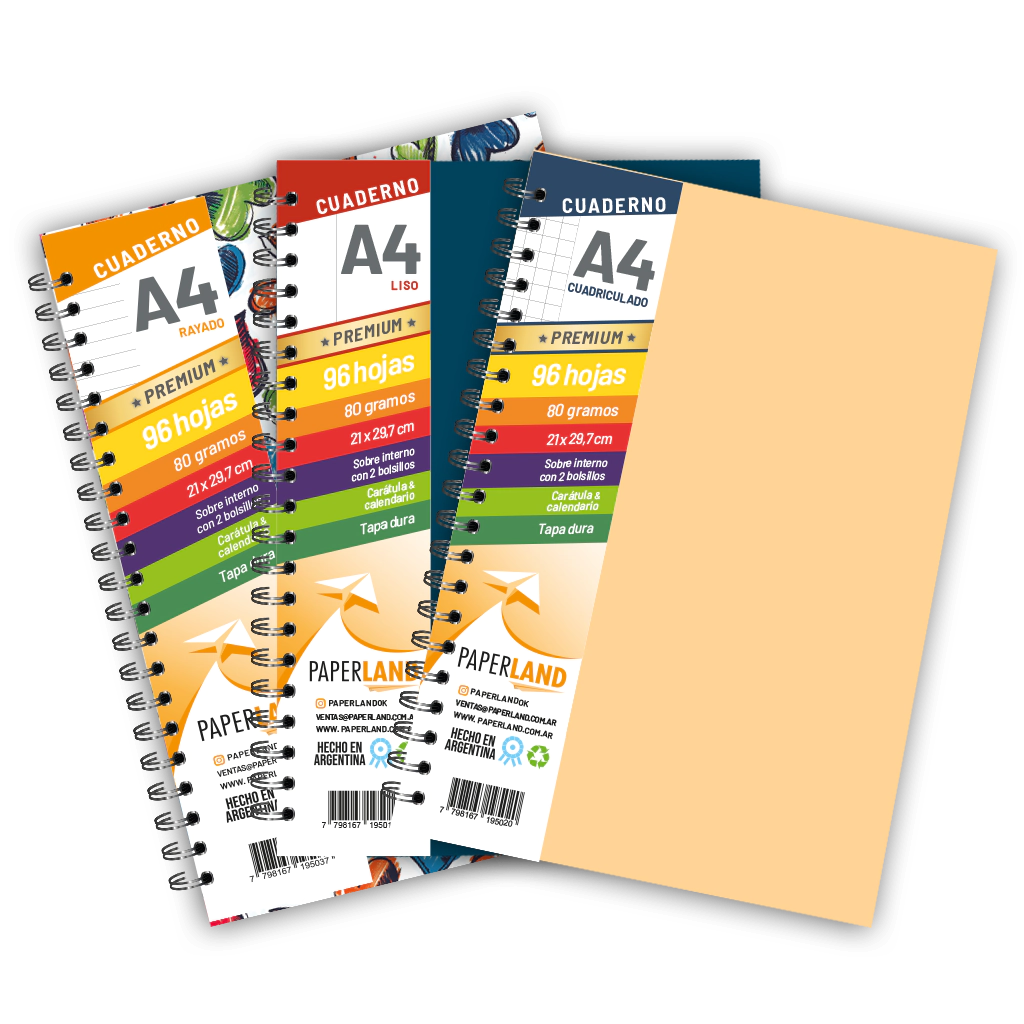 Cuaderno A4 / 96 hs surt (ray, cuad, lisas) 70 gr. / surtido x 12 u.