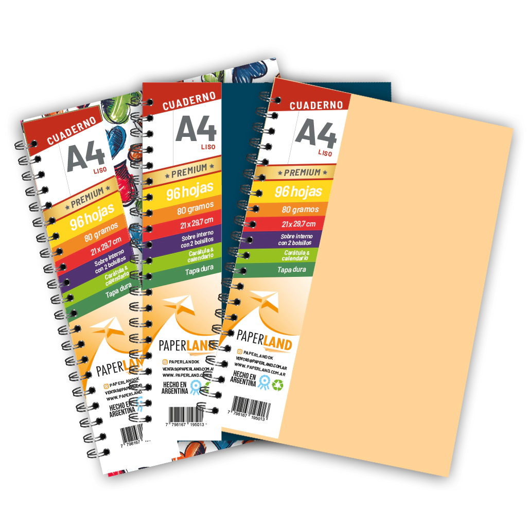 Cuaderno A4  / 96 hs lisas de 80 gr. / x 12u. - Tapas surtidas