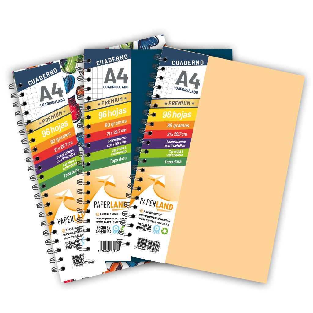 Cuaderno A4  / 96 hs cuadriculadas de 80 gr. / x 12u. - Tapas surtidas