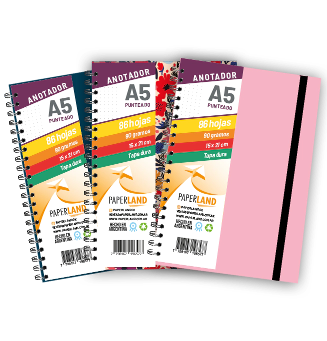 Anotador A5 C/el�stico / 96 hs punteadas de 90 gr. / x 12u. - Tapas surtidas