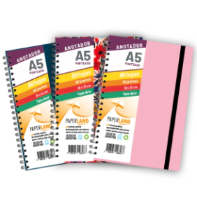 Anotador A5 C/el&aacute;stico / 96 hs punteadas de 90 gr. / x 12u. - Tapas surtidas