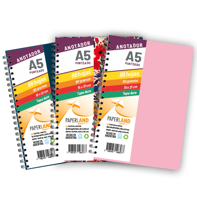Anotador A5  / 96 hs punteadas de 90 gr. / x 12u. - Tapas surtidas