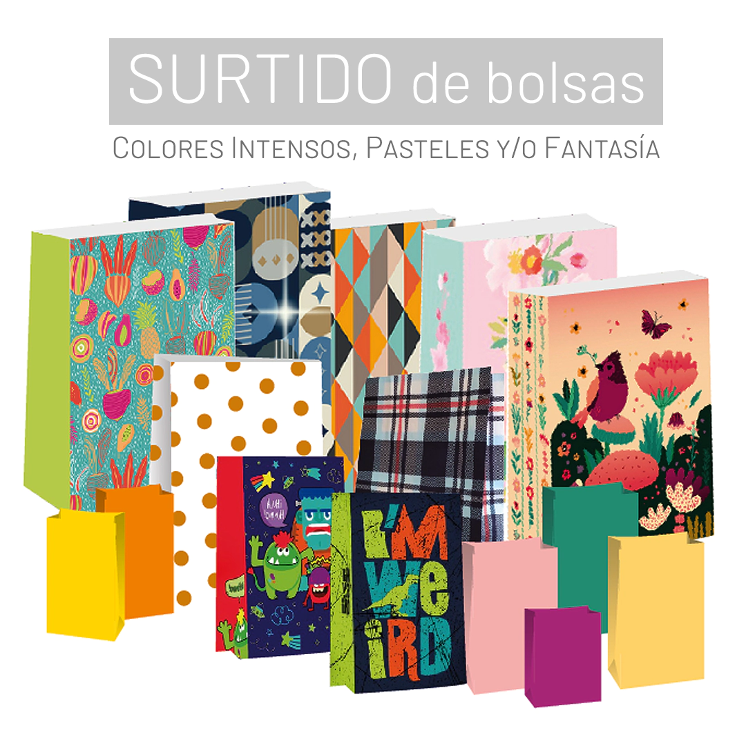 Bolsas cotillon SURT. color/diseNos vs 12.5x7x24 cm. x1000u.