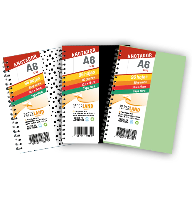 Anotador A6  / 96 hs lisas de 80 gr. / x 12u. - Tapas surtidas