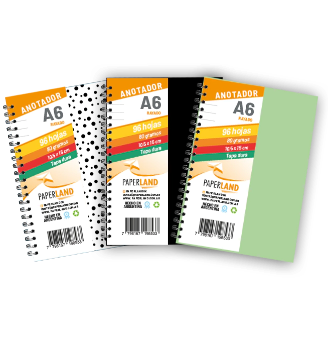 Anotador A6  / 96 hs Rayadas de 80 gr. / x 12u. - Tapas surtidas