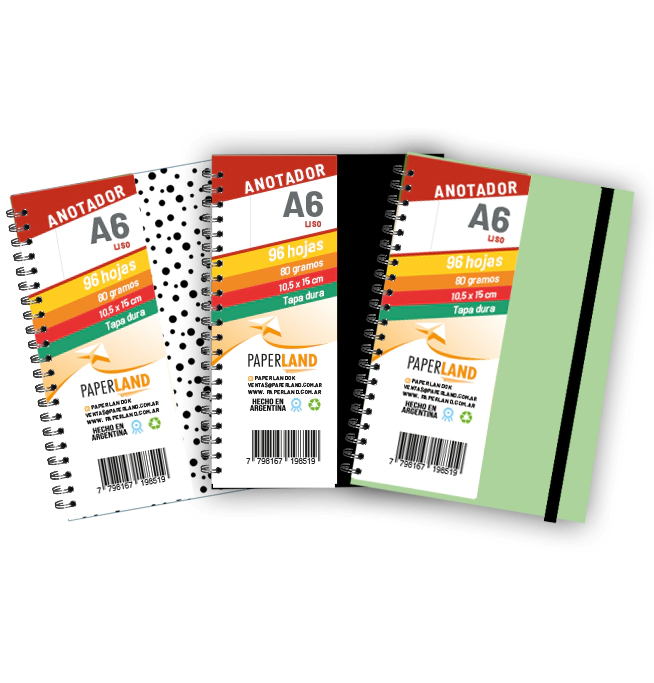 Anotador A6 C/el�stico / 96 hs lisas de 80 gr. / x 12u. - Tapas surtidas