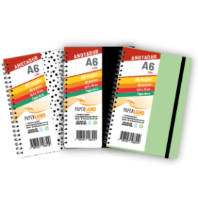 Anotador A6 C/el&aacute;stico / 96 hs lisas de 80 gr. / x 12u. - Tapas surtidas