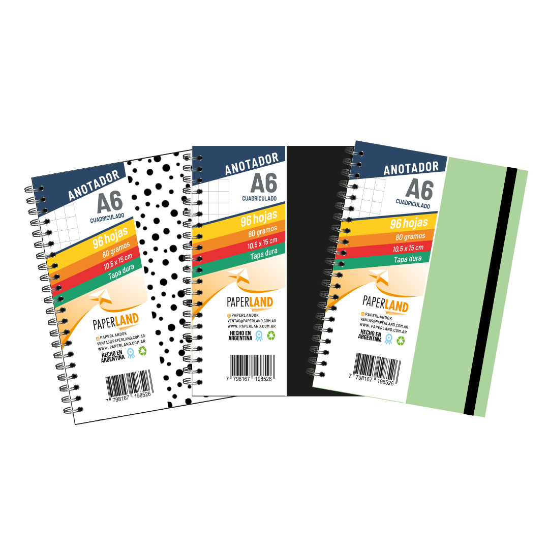 Anotador A6 C/el�stico / 96 hs cuadriculadas de 80 gr. / x 12u. - Tapas surtidas