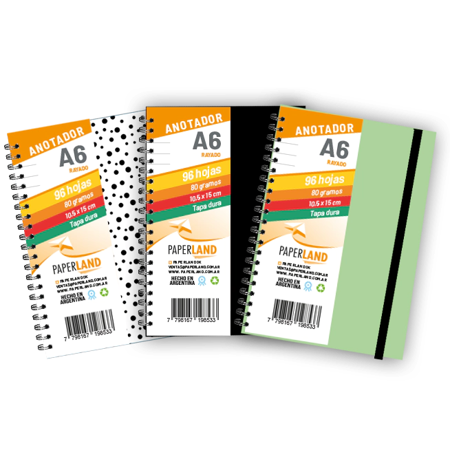 Anotador A6 C/el�stico / 96 hs Rayadas de 80 gr. / x 12u. - Tapas surtidas