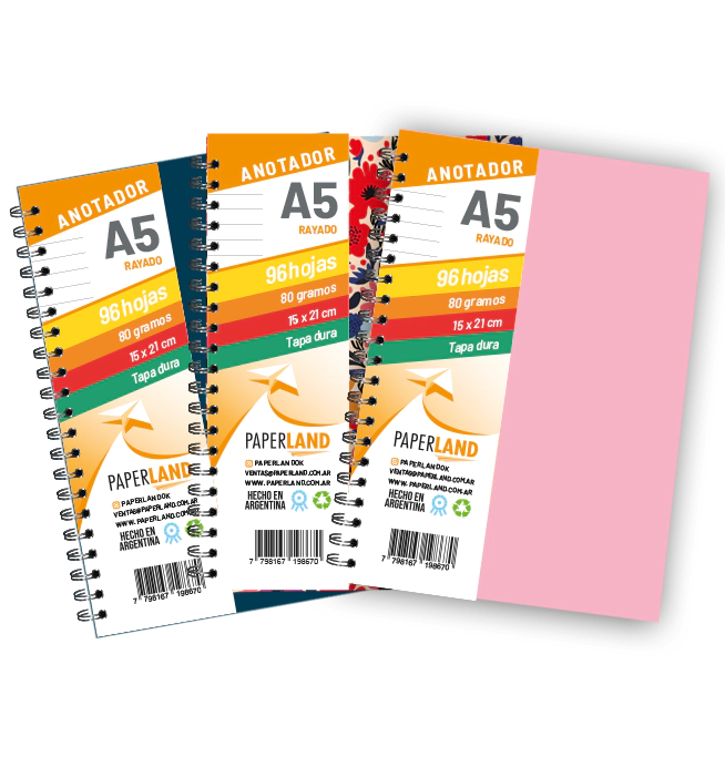 Anotador A5  / 96 hs Rayadas de 80 gr. / x 12u.  Tapas surtidas