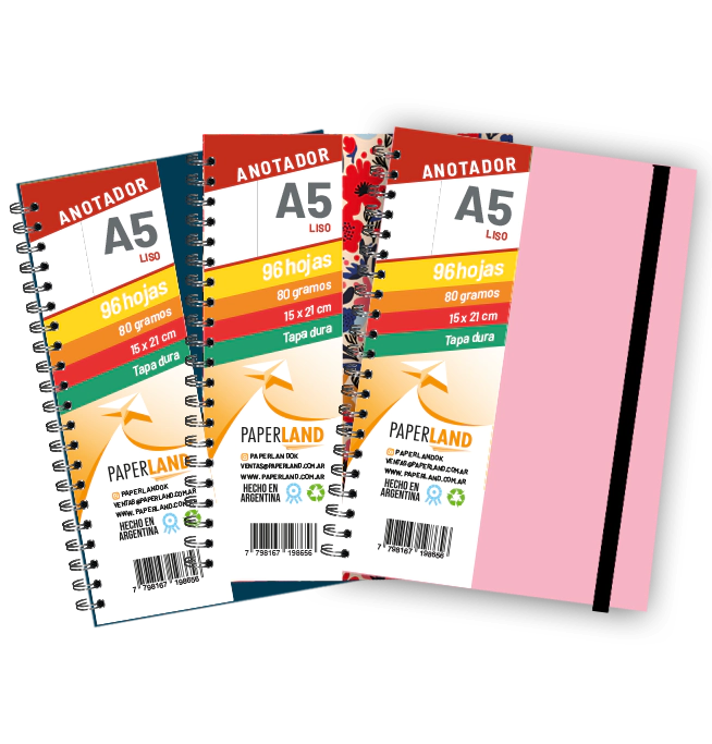 Anotador A5 C/el�stico / 96 hs lisas de 80 gr. / x 12u. - Tapas surtidas