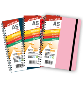 Anotador A5 C/el&aacute;stico / 96 hs lisas de 80 gr. / x 12u. - Tapas surtidas