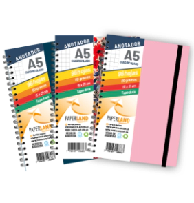 Anotador A5 / C/el&aacute;stico / 96 hs Cuadriculadas de 80 gr.x 12u. Tapas Surtidas