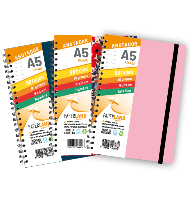 Anotador A5 / C/el�stico / 96 hs Rayadas de 80 gr. x 12u. - Tapas surtidas