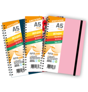 Anotador A5 / C/el&aacute;stico / 96 hs Rayadas de 80 gr. x 12u. - Tapas surtidas