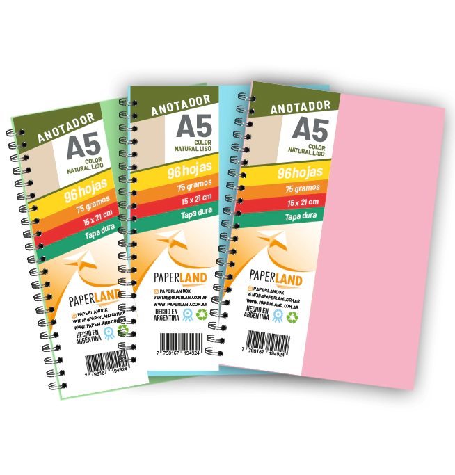 Anotador A5  / 96 hs nat de 75 gr. / x 12u. -  Tapas de colores pastel