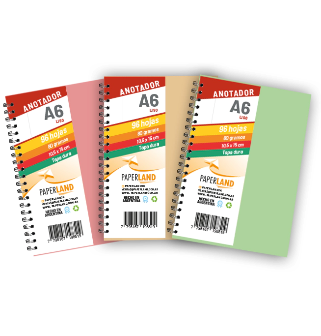 Anotador A6  / 96 hs lisas de 80 gr. / x 12u. -  Tapas de colores pastel