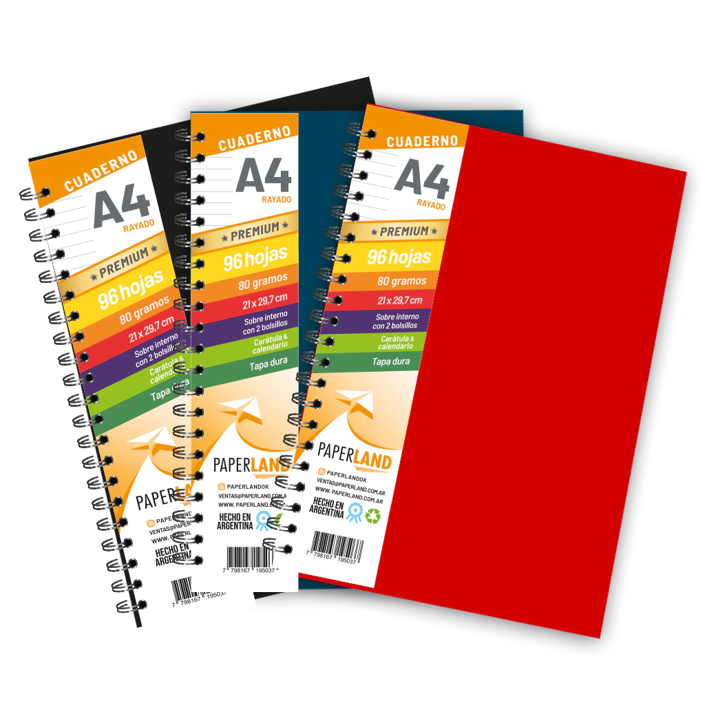 Cuaderno A4  / 96 hs Rayadas de 80 gr. / x 12u. - Tapas de colores intensos
