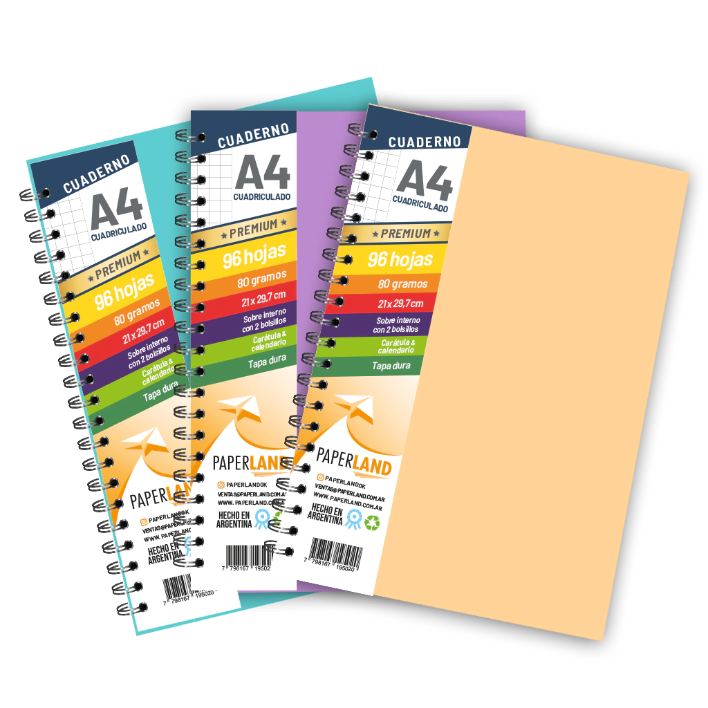 Cuaderno A4  / 96 hs cuadriculadas de 80 gr. / x 12u. -  Tapas de colores pastel